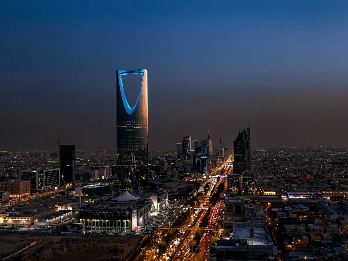Riyadh skyline at night with the Kingdom Centre