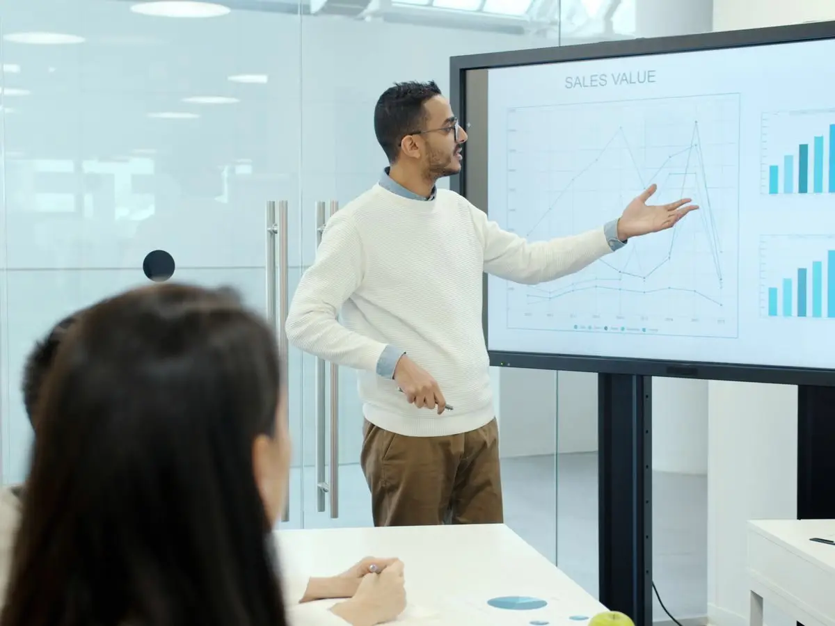 Presentation with charts in a modern office