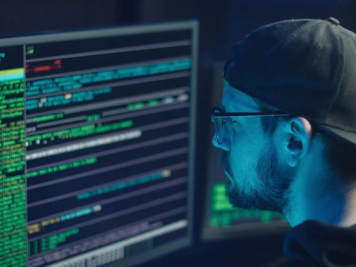 Security analyst reviewing code on multiple monitors