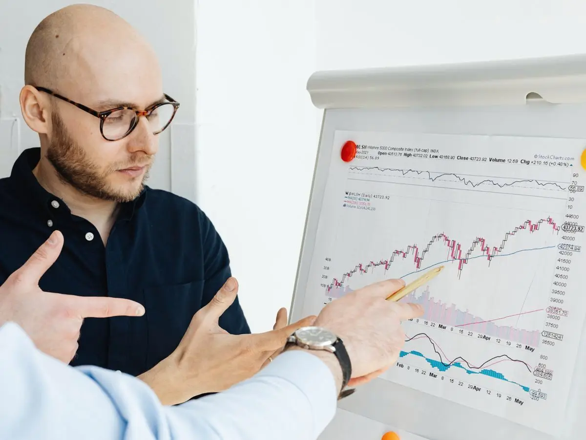 Professionals discussing graphs on a flipchart