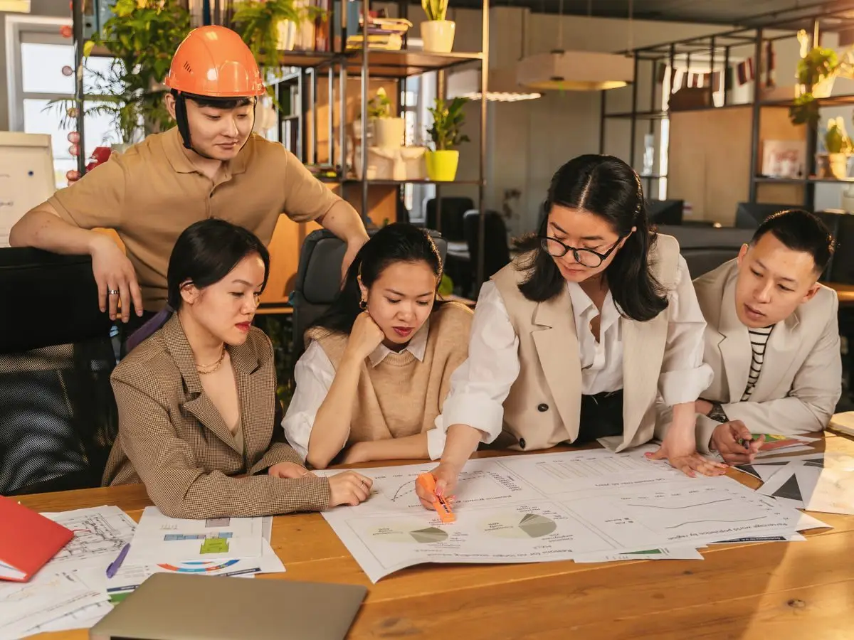 Team working on plans together